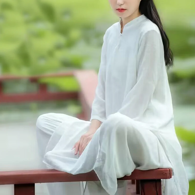 Buddha Stones 2 pezzi bianco Tai Chi Meditazione Yoga Zen Cotone Lino Abbigliamento Top Pantaloni Set da donna - Image 12