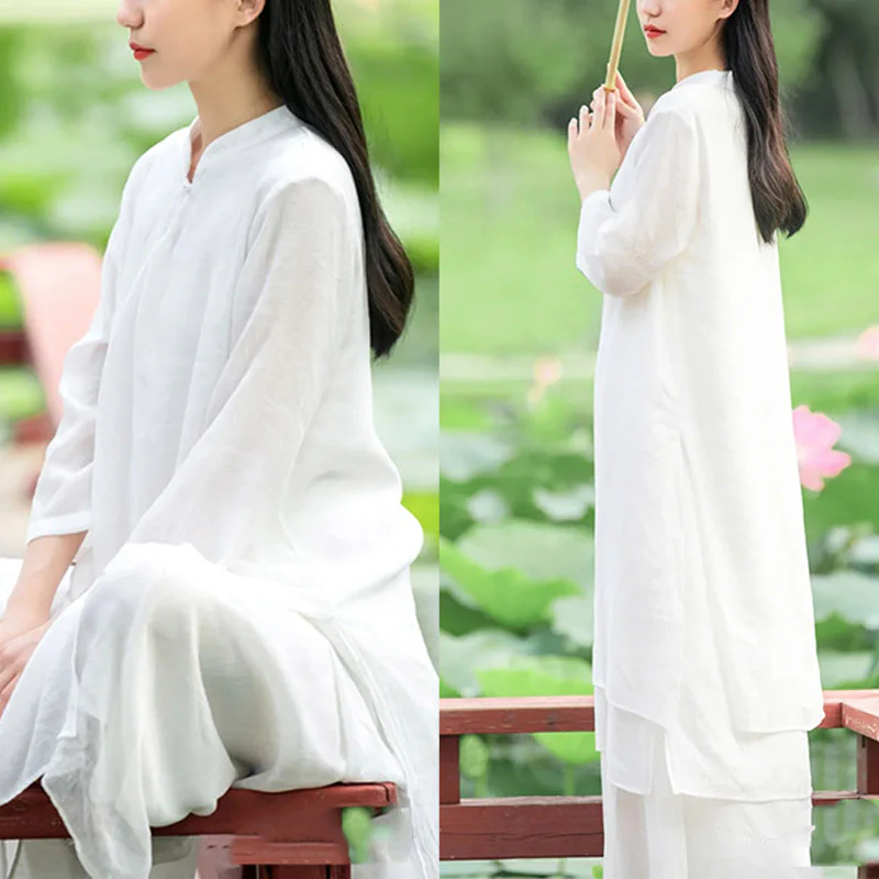 Buddha Stones 2 pezzi bianco Tai Chi Meditazione Yoga Zen Cotone Lino Abbigliamento Top Pantaloni Set da donna - Image 13