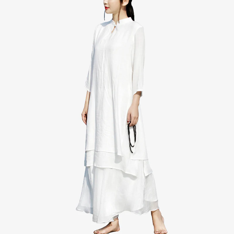 Buddha Stones 2 pezzi bianco Tai Chi Meditazione Yoga Zen Cotone Lino Abbigliamento Top Pantaloni Set da donna - Image 15
