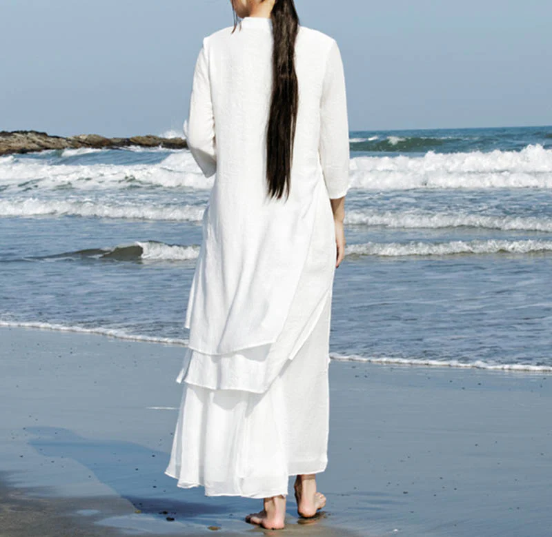 Buddha Stones 2 pezzi bianco Tai Chi Meditazione Yoga Zen Cotone Lino Abbigliamento Top Pantaloni Set da donna - Image 3