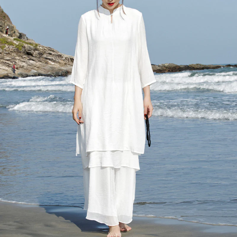 Buddha Stones 2 pezzi bianco Tai Chi Meditazione Yoga Zen Cotone Lino Abbigliamento Top Pantaloni Set da donna - Image 4