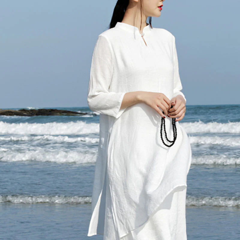 Buddha Stones 2 pezzi bianco Tai Chi Meditazione Yoga Zen Cotone Lino Abbigliamento Top Pantaloni Set da donna - Image 5