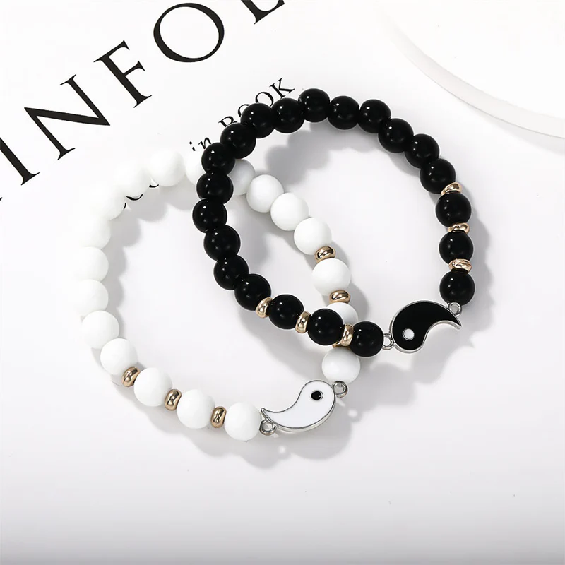 Buddha Stones 2 pezzi Braccialetto di coppia di protezione Yin Yang con perline di turchese bianco e onice nero