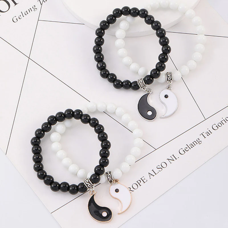 Buddha Stones 2 pezzi Braccialetto di coppia di protezione Yin Yang con perline di turchese bianco e onice nero - Image 4