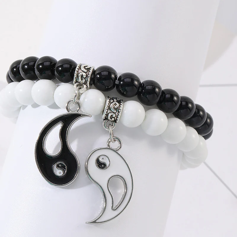 Buddha Stones 2 pezzi Braccialetto di coppia di protezione Yin Yang con perline di turchese bianco e onice nero - Image 9