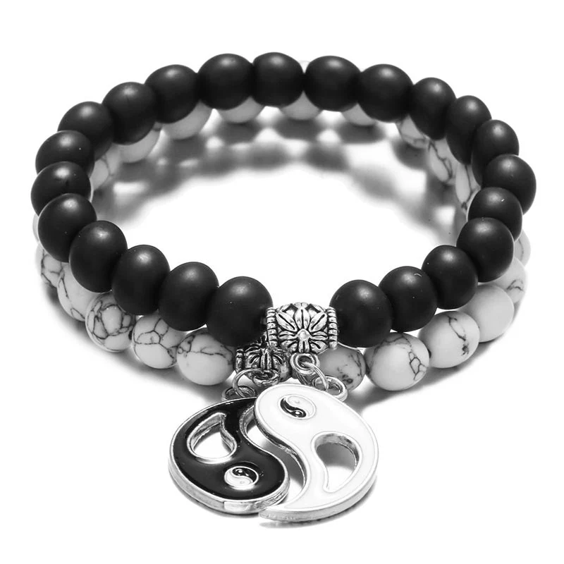 Buddha Stones 2 pezzi Braccialetto di coppia Yin Yang con perline di turchese bianco e onice nero naturale