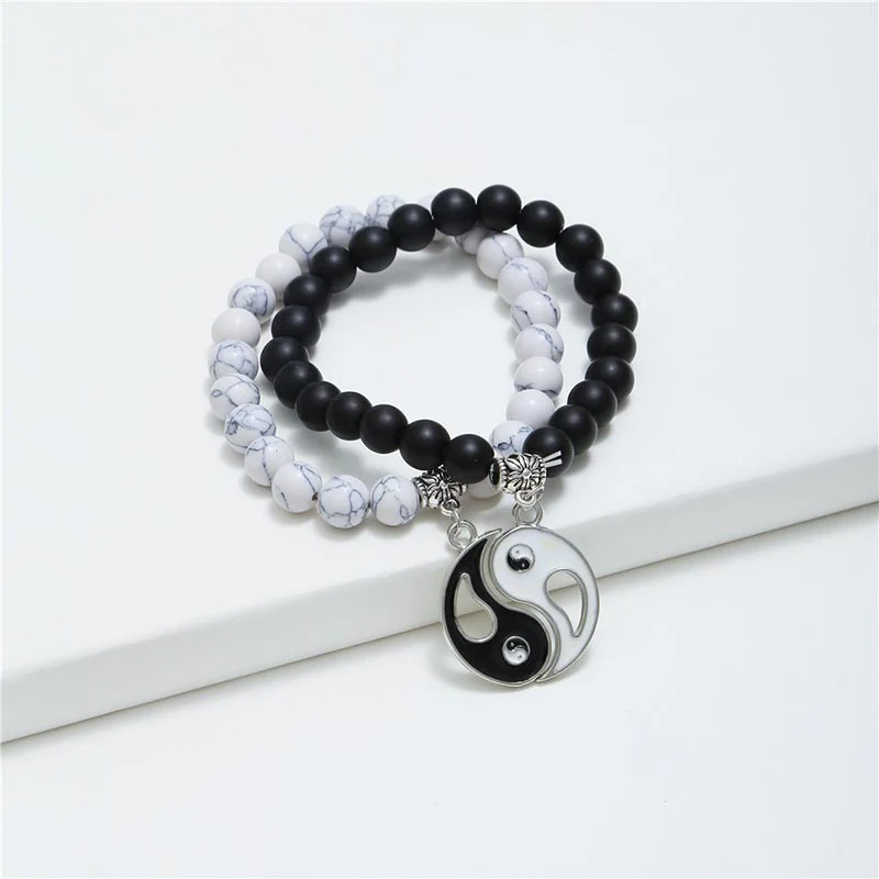 Buddha Stones 2 pezzi Braccialetto di coppia Yin Yang con perline di turchese bianco e onice nero naturale - Image 2