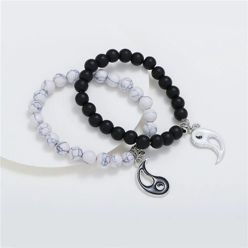 Buddha Stones 2 pezzi Braccialetto di coppia Yin Yang con perline di turchese bianco e onice nero naturale - Image 5