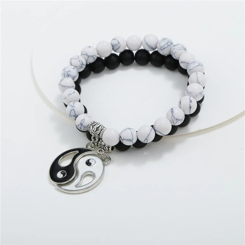 Buddha Stones 2 pezzi Braccialetto di coppia Yin Yang con perline di turchese bianco e onice nero naturale - Image 6