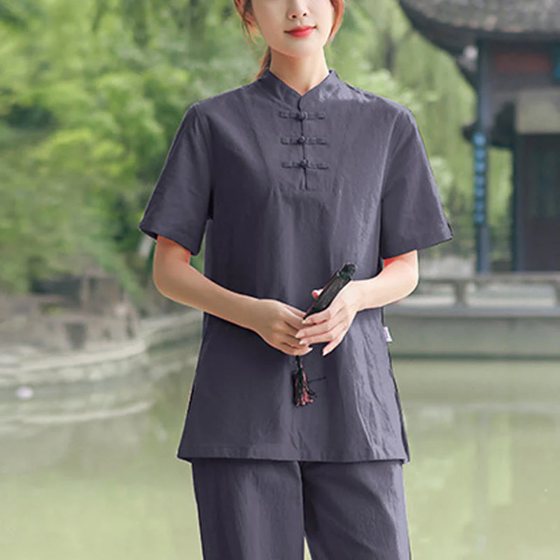 Buddha Stones 2 pezzi da donna manica corta maglietta top pantaloni meditazione zen tai chi cotone lino abbigliamento set - Image 6