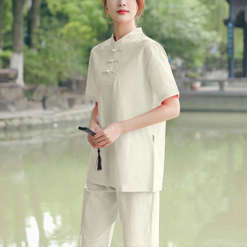 Buddha Stones 2 pezzi da donna manica corta maglietta top pantaloni meditazione zen tai chi cotone lino abbigliamento set - Image 7