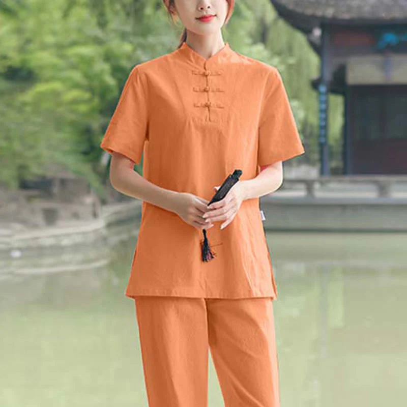 Buddha Stones 2 pezzi da donna manica corta maglietta top pantaloni meditazione zen tai chi cotone lino abbigliamento set - Image 8