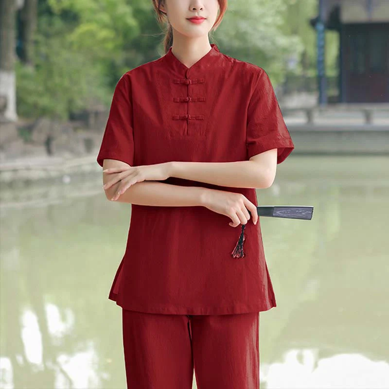 Buddha Stones 2 pezzi da donna manica corta maglietta top pantaloni meditazione zen tai chi cotone lino abbigliamento set - Image 9