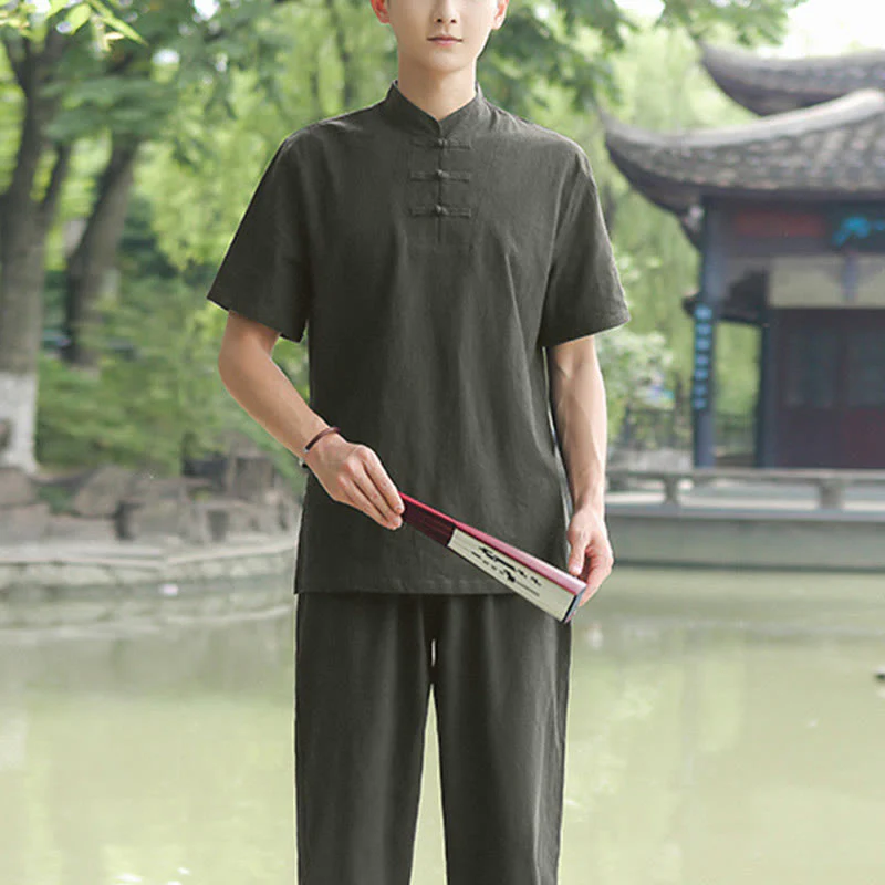 Buddha Stones 2 pezzi da uomo manica corta maglietta top pantaloni meditazione zen tai chi cotone lino abbigliamento set - Image 11
