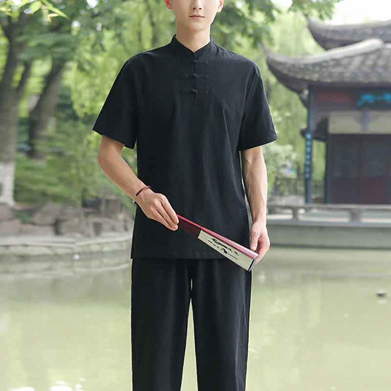 Buddha Stones 2 pezzi da uomo manica corta maglietta top pantaloni meditazione zen tai chi cotone lino abbigliamento set - Image 12