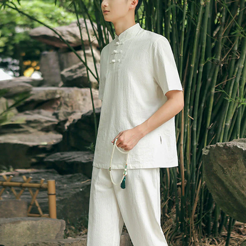 Buddha Stones 2 pezzi da uomo manica corta maglietta top pantaloni meditazione zen tai chi cotone lino abbigliamento set - Image 2