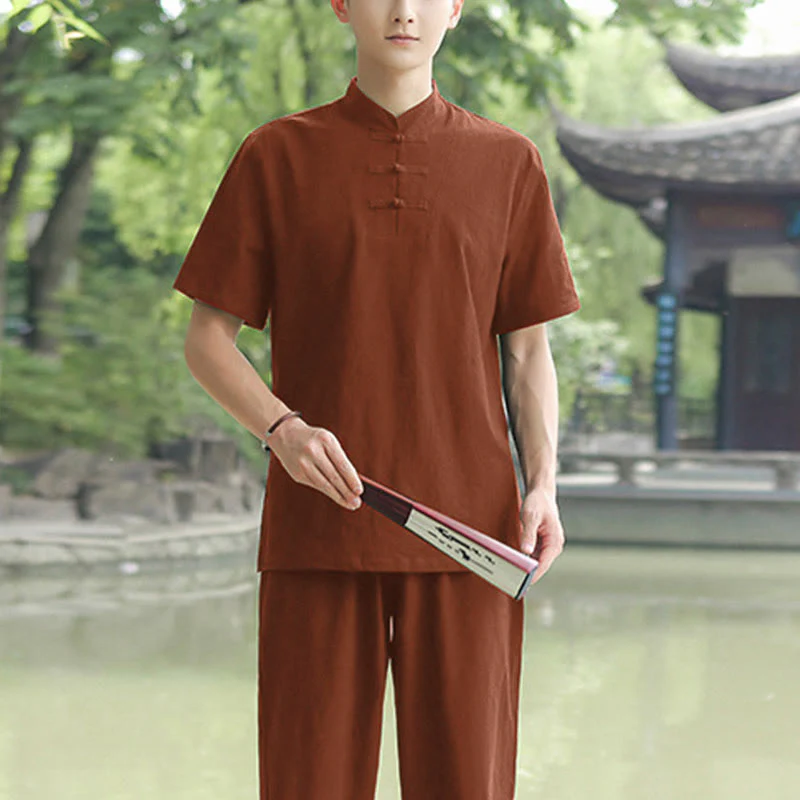 Buddha Stones 2 pezzi da uomo manica corta maglietta top pantaloni meditazione zen tai chi cotone lino abbigliamento set - Image 7