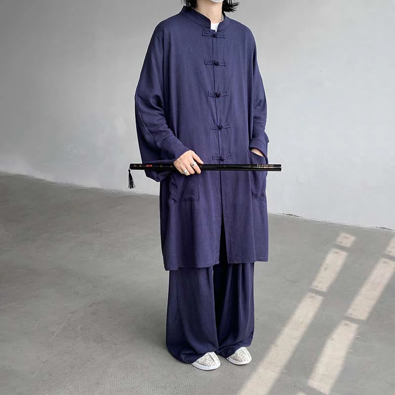 Buddha Stones 2 pezzi da uomo manica lunga rana-bottoni camicia pantaloni meditazione zen cotone abbigliamento set - Image 11