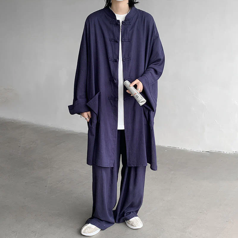 Buddha Stones 2 pezzi da uomo manica lunga rana-bottoni camicia pantaloni meditazione zen cotone abbigliamento set - Image 12