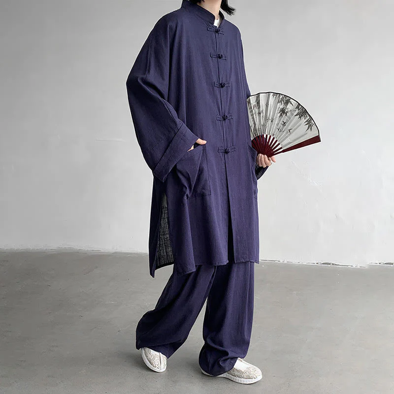 Buddha Stones 2 pezzi da uomo manica lunga rana-bottoni camicia pantaloni meditazione zen cotone abbigliamento set - Image 13