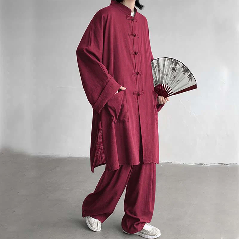 Buddha Stones 2 pezzi da uomo manica lunga rana-bottoni camicia pantaloni meditazione zen cotone abbigliamento set - Image 18