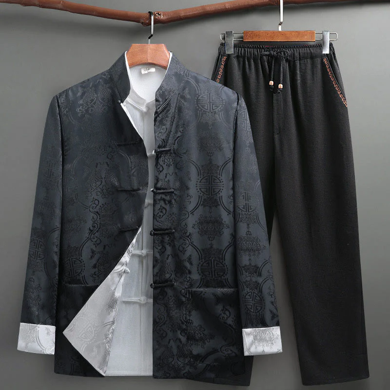 Buddha Stones 2 pezzi da uomo Tang Suit Koi Fish Pattern Frog-Button manica lunga camicia pantaloni set