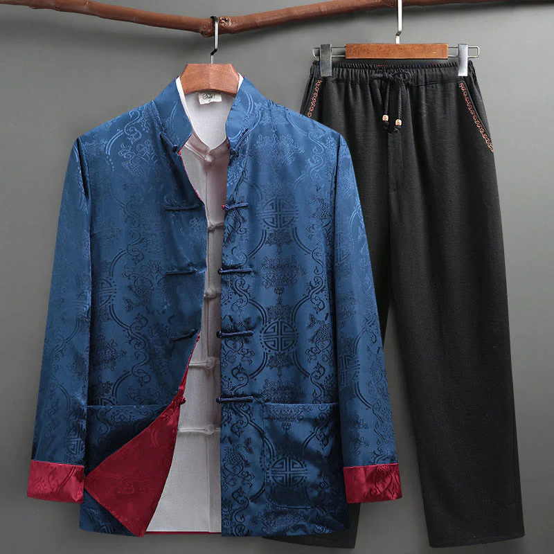 Buddha Stones 2 pezzi da uomo Tang Suit Koi Fish Pattern Frog-Button manica lunga camicia pantaloni set - Image 19