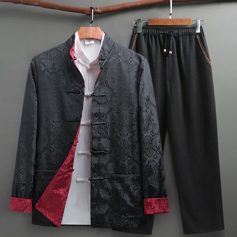 Buddha Stones 2 pezzi da uomo Tang Suit Koi Fish Pattern Frog-Button manica lunga camicia pantaloni set - Image 21