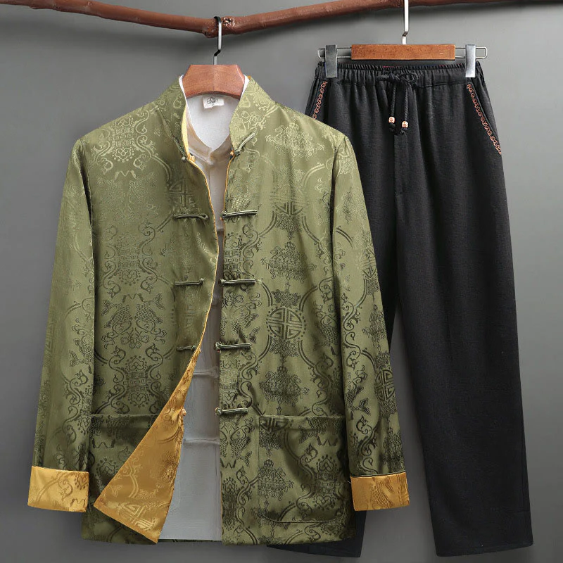 Buddha Stones 2 pezzi da uomo Tang Suit Koi Fish Pattern Frog-Button manica lunga camicia pantaloni set - Image 23