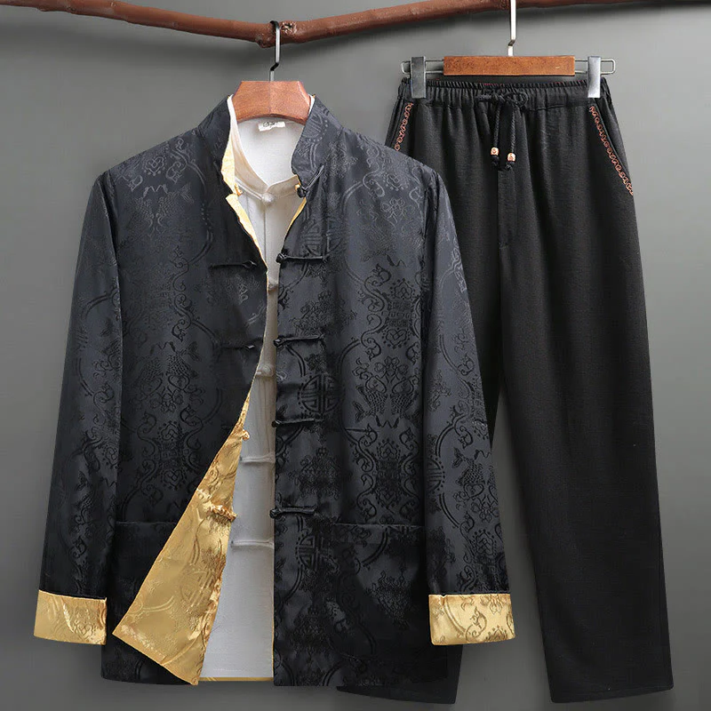 Buddha Stones 2 pezzi da uomo Tang Suit Koi Fish Pattern Frog-Button manica lunga camicia pantaloni set - Image 25