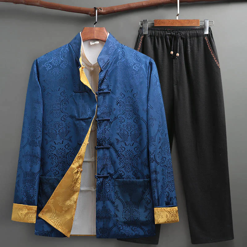 Buddha Stones 2 pezzi da uomo Tang Suit Koi Fish Pattern Frog-Button manica lunga camicia pantaloni set - Image 8