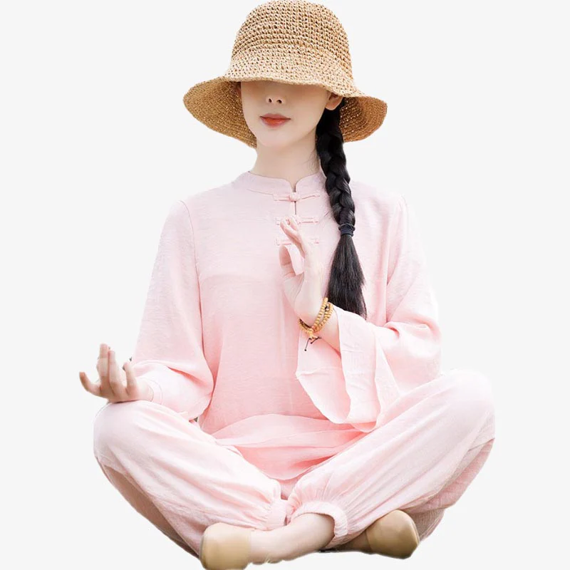 Buddha Stones 2 pezzi design semplice top pantaloni meditazione yoga zen tai chi cotone lino abbigliamento donna set - Image 16