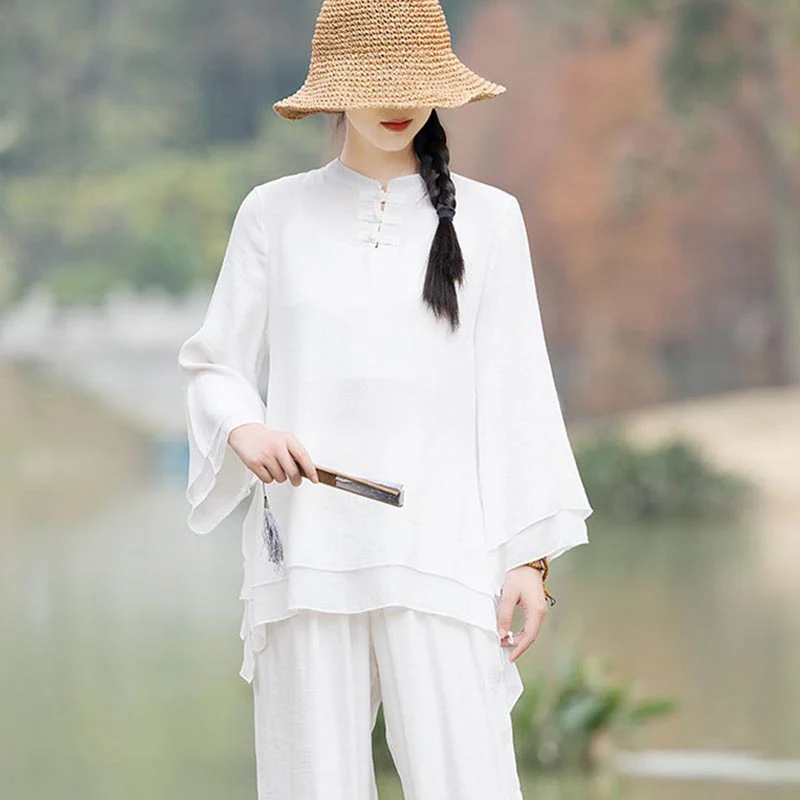 Buddha Stones 2 pezzi design semplice top pantaloni meditazione yoga zen tai chi cotone lino abbigliamento donna set - Image 22