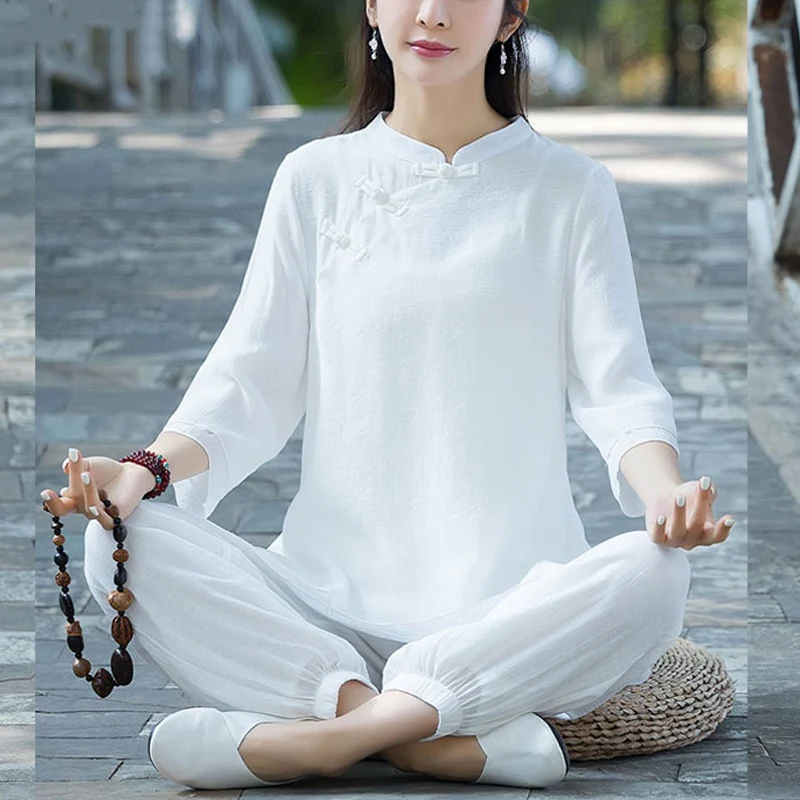 Buddha Stones 2 pezzi design semplice top pantaloni meditazione yoga zen tai chi cotone lino abbigliamento donna set - Image 26