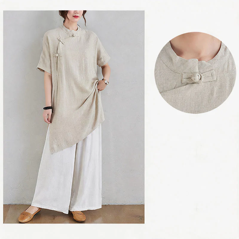 Buddha Stones 2 pezzi design semplice Zen Tai Chi Meditazione Abbigliamento cotone lino Top Pantaloni Set da donna - Image 10