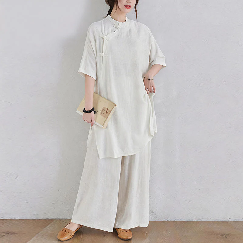 Buddha Stones 2 pezzi design semplice Zen Tai Chi Meditazione Abbigliamento cotone lino Top Pantaloni Set da donna - Image 14