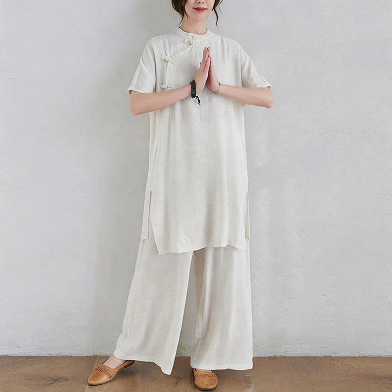 Buddha Stones 2 pezzi design semplice Zen Tai Chi Meditazione Abbigliamento cotone lino Top Pantaloni Set da donna - Image 16