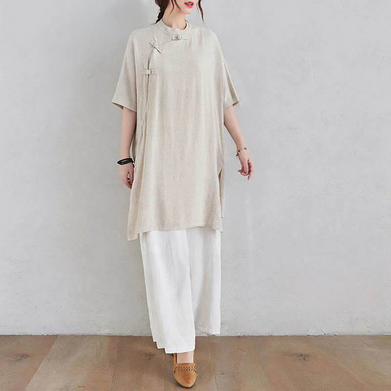 Buddha Stones 2 pezzi design semplice Zen Tai Chi Meditazione Abbigliamento cotone lino Top Pantaloni Set da donna - Image 3