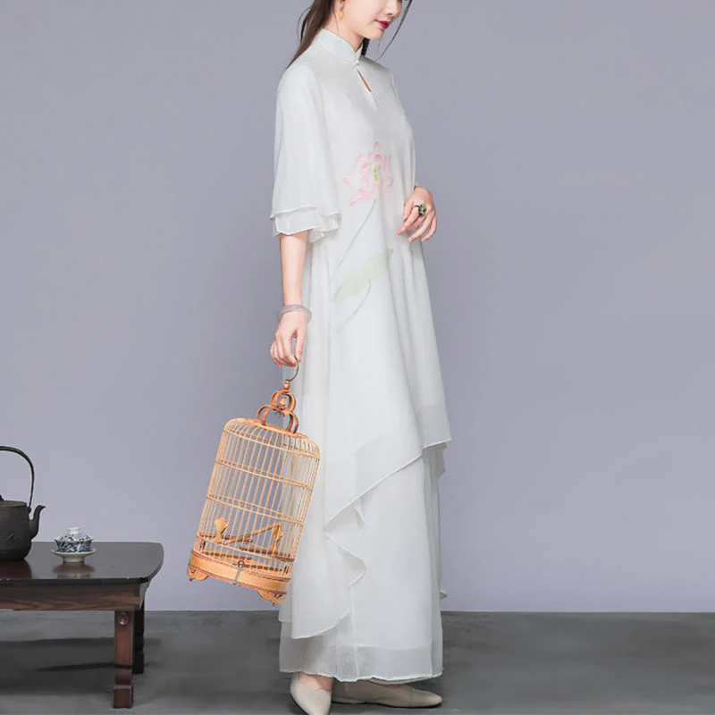 Buddha Stones 2 pezzi fiore di loto cheongsam midi vestito pantaloni gamba larga chiffon zen set da donna - Image 3