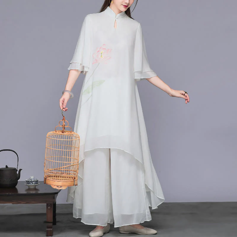 Buddha Stones 2 pezzi fiore di loto cheongsam midi vestito pantaloni gamba larga chiffon zen set da donna - Image 4