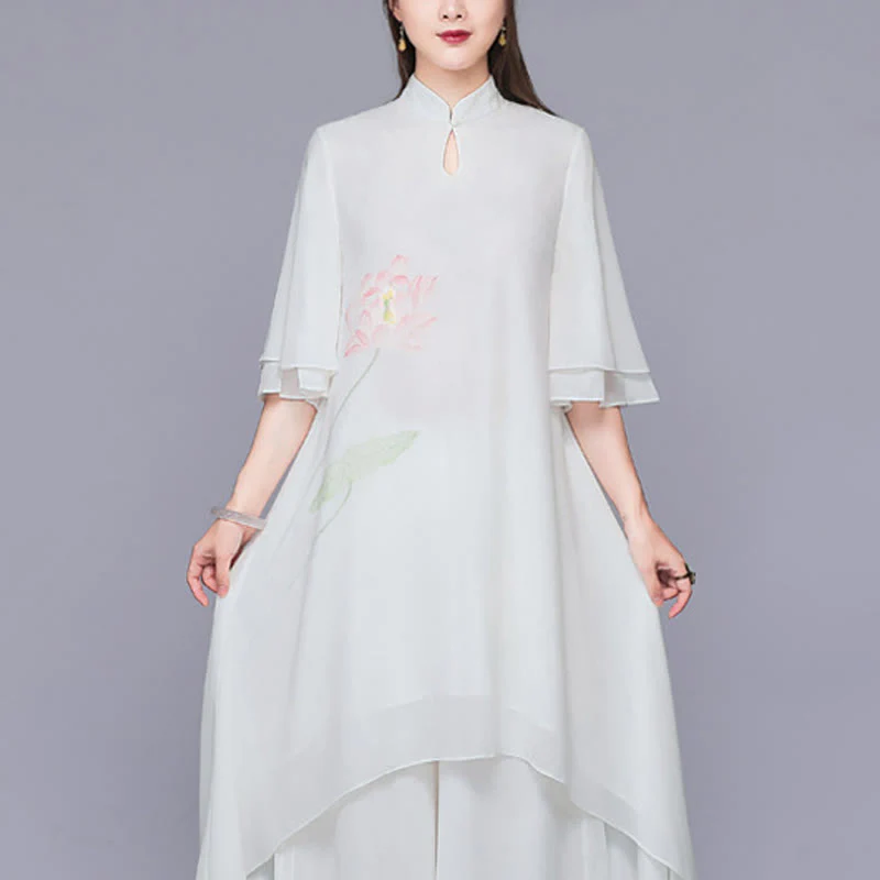 Buddha Stones 2 pezzi fiore di loto cheongsam midi vestito pantaloni gamba larga chiffon zen set da donna - Image 6