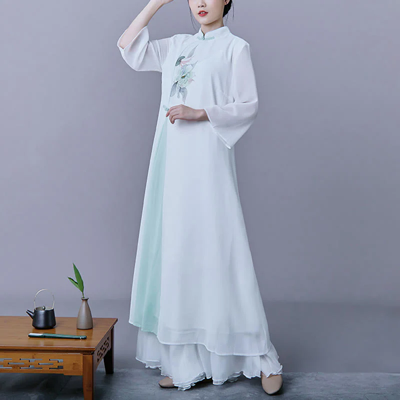 Buddha Stones 2 pezzi fiore manica tre quarti midi abito gonna chiffon Zen abbigliamento donna set - Image 2