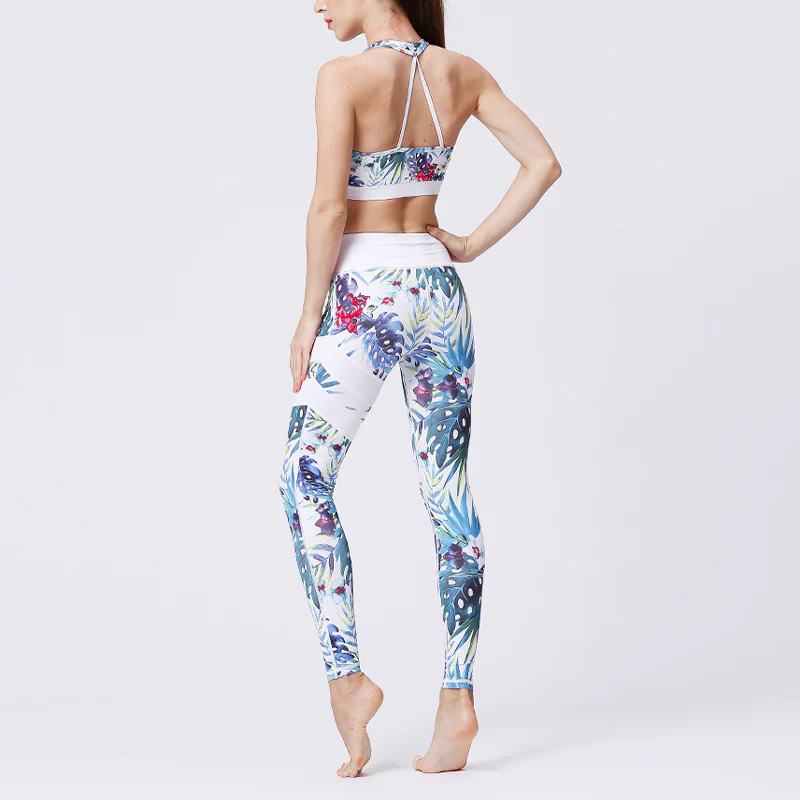 Buddha Stones 2 pezzi Girasole Fiori Foglie Stampa Top Pantaloni Sport Fitness Yoga Yoga Set da donna - Image 13