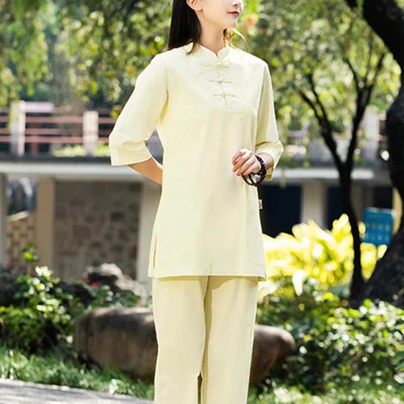 Buddha Stones 2 pezzi mezza manica camicia top pantaloni meditazione zen tai chi cotone lino abbigliamento donna set - Image 21
