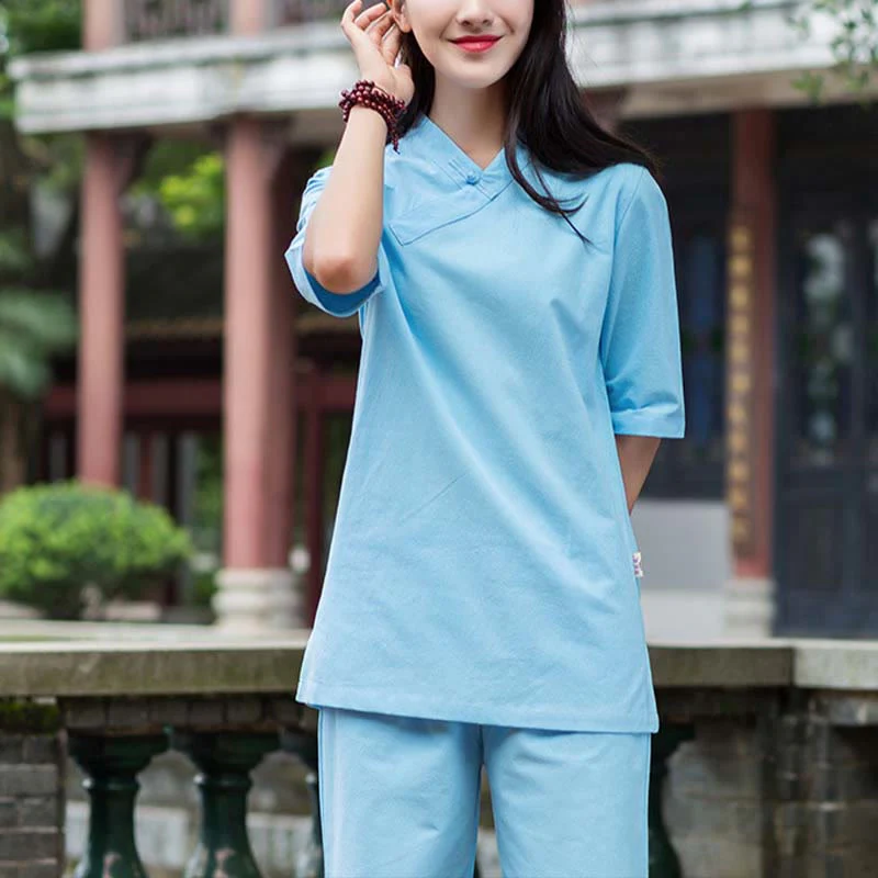 Buddha Stones 2 pezzi mezza manica scollo a V camicia top pantaloni meditazione zen tai chi abbigliamento in lino set da donna - Image 10