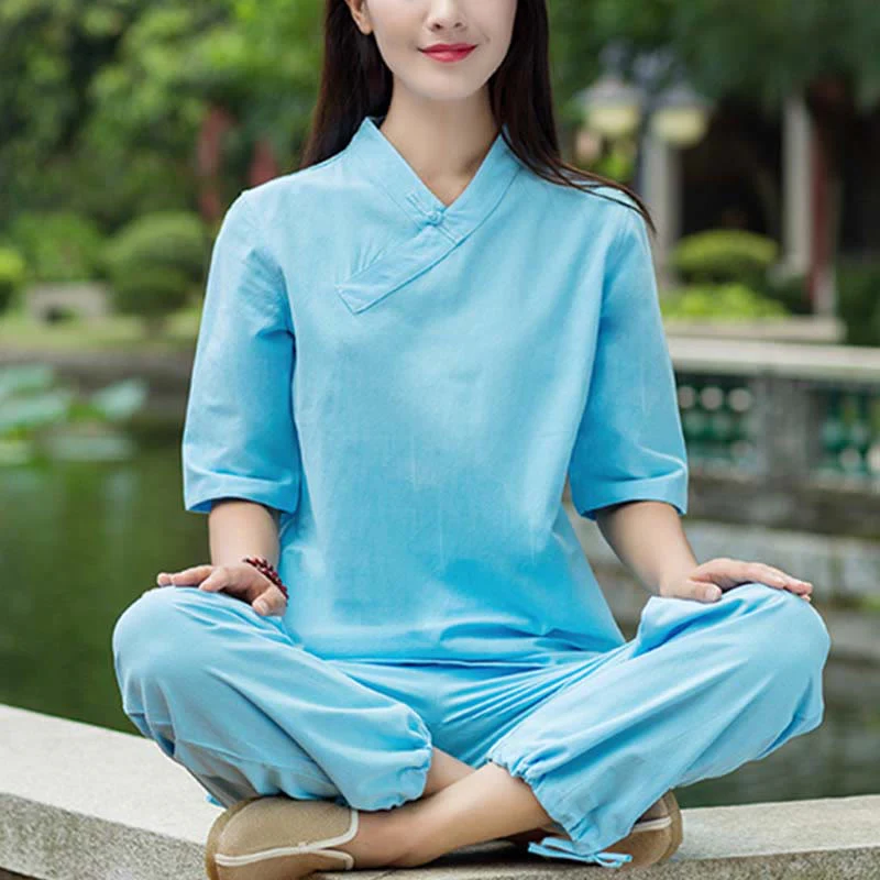 Buddha Stones 2 pezzi mezza manica scollo a V camicia top pantaloni meditazione zen tai chi abbigliamento in lino set da donna - Image 11