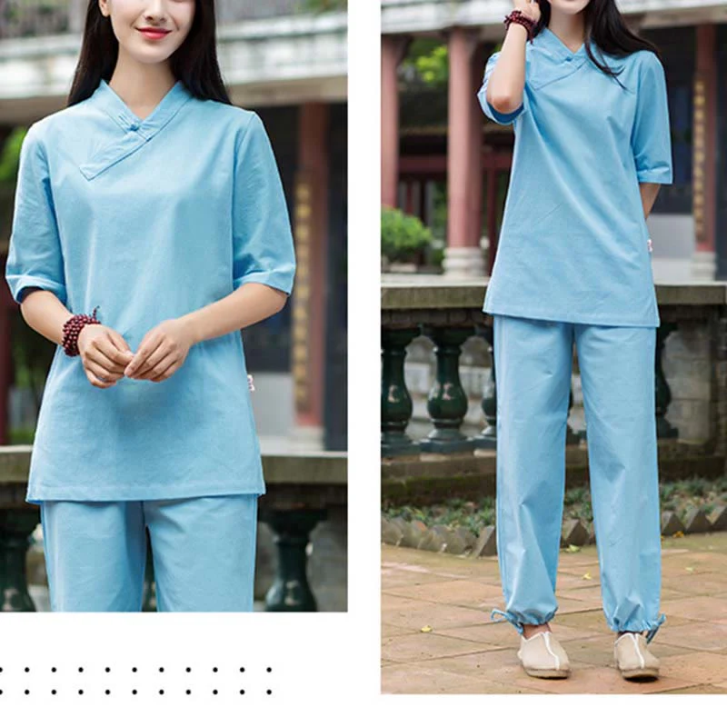Buddha Stones 2 pezzi mezza manica scollo a V camicia top pantaloni meditazione zen tai chi abbigliamento in lino set da donna - Image 12
