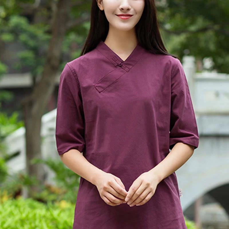 Buddha Stones 2 pezzi mezza manica scollo a V camicia top pantaloni meditazione zen tai chi abbigliamento in lino set da donna - Image 14