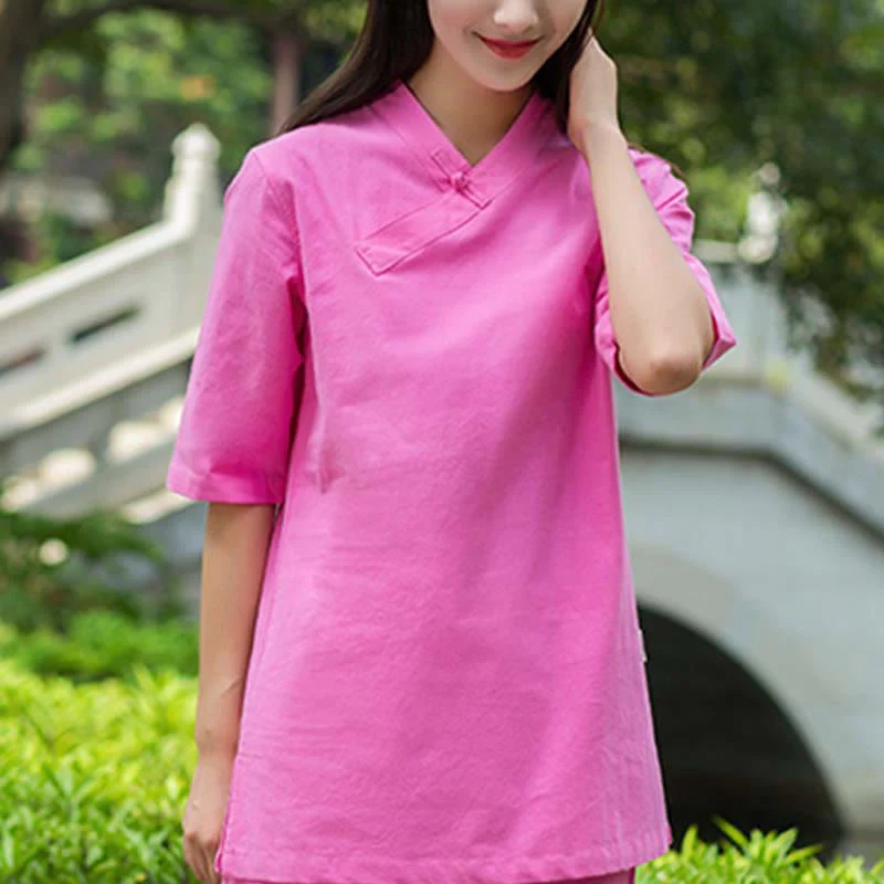 Buddha Stones 2 pezzi mezza manica scollo a V camicia top pantaloni meditazione zen tai chi abbigliamento in lino set da donna - Image 17