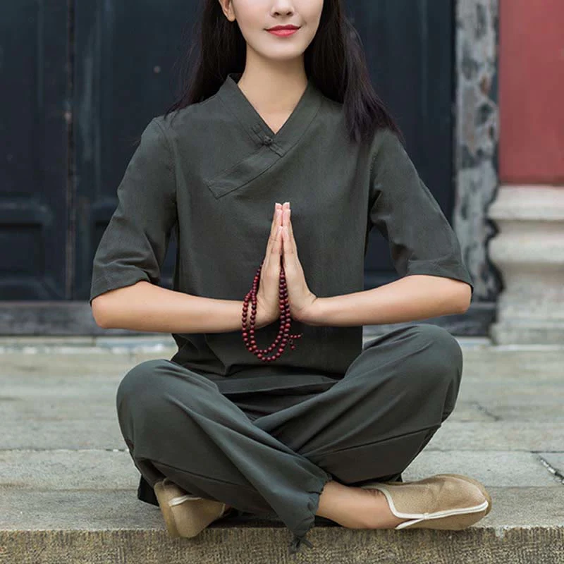 Buddha Stones 2 pezzi mezza manica scollo a V camicia top pantaloni meditazione zen tai chi abbigliamento in lino set da donna - Image 18